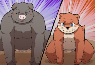 anthro belly blue_eyes blush duo eyes_closed male moobs overweight overweight_male kotadash domestic_pig mammal suid suine sus_(pig) 2015