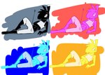2019 3_toes abstract_background anthro black_body black_fur blue_body blue_fur bottomwear cay_(toxoglossa) clothing egyptian_mythology erect_tail feet forked_tail fur group head_tuft lying male middle_eastern_mythology midriff mythology navel on_side open_mouth pants pink_body pink_fur pose set_(species) shirt sleeveless_shirt tail toes topwear toxoglossa tuft unusual_anatomy unusual_tail white_bottomwear white_clothing white_eyes white_pants white_shirt white_topwear yellow_body yellow_fur