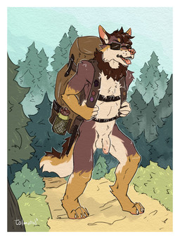 anthro backpack balls border day eyewear flaccid forest genitals hiking male male_anthro nude_male outside penis plant solo standing sunglasses trail tree white_border to(matto)3 whiskey_(eltigero) canid canine canis coyote mammal 3:4 hi_res