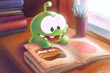 1_antenna ambiguous_gender antennae_(anatomy) book green_body green_skin inside looking_down not_furry open_mouth pen_cup scissors second-party_source solo teeth window unknown_artist cut_the_rope om_nom alien monster nommie 2018 official_art