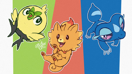 ambiguous_gender blue_body fangs feral fur group open_mouth open_smile orange_body orange_fur quadruped smile starter_trio tail teeth tongue tongue_out trio energyluxray nintendo pokemon pokemon_winds_and_waves avian browt canid canine gecqua generation_10_pokemon mammal pokemon_(species) pombon scalie 16:9 2026 hi_res widescreen