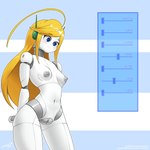 areola blonde_hair blue_eyes blush body_slider breasts female genitals hair machine navel nipples nude pussy solo standing text thick_thighs white_body wide_hips zedrin cave_story curly_brace android humanoid robot 1:1 english_text hi_res signature