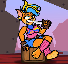 3_toes 4_fingers anthro barefoot belt belt_buckle blonde_hair blue_bottomwear blue_clothing blue_highlights blue_kerchief blue_neckerchief blue_shorts blue_sky bottomwear breasts brown_belt brown_clothing brown_eyebrows brown_gloves brown_handwear brown_nose buckle clear_sky clothed clothed_anthro clothed_female clothing crossed_legs eyebrows eyelashes feet female female_anthro fingers fully_clothed fully_clothed_anthro fully_clothed_female fur gloves green_eyes hair handwear highlights_(coloring) holding_knife holding_object kerchief knife left-handed leg_warmers legwear lidded_eyes lips markings mole_(marking) multicolored_body multicolored_fur multicolored_hair neckerchief neckwear notched_ear orange_body orange_fur outside picking_teeth pink_clothing pink_leg_warmers pink_lips pink_shirt pink_tank_top pink_topwear rock shirt short_hair shorts sitting_on_crate sky solo tan_inner_ear tank_top toes topwear torn_bottomwear torn_clothing torn_shorts two_tone_body two_tone_fur two_tone_hair yellow_body yellow_fur captainquack64 activision crash_bandicoot_(series) pirate_tawna bandicoot mammal marsupial 2024 colored digital_drawing_(artwork) digital_media_(artwork) english_description full-length_portrait hi_res portrait shaded simple_shading