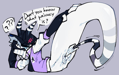 anthro bodily_fluids clothing cropped_jacket cross-popping_vein female genital_fluids genitals hand_on_tail hat headgear headwear horn legless lying on_front presenting presenting_vulva purple_background question_mark serpentine simple_background solo spade_tail split_form striped_body stripes tail tail_fetish tail_on_pussy vaginal vaginal_fluids vulva white_body btascandalist ghost humanoid spirit nonbinary_(lore)