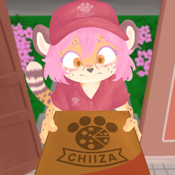 amber_eyes ambiguous_gender anthro black_nose blush blush_lines box clothing container delivery_(commerce) door doorway floor flower food_delivery fur hair hat headgear headwear inside logo markings outside pink_hair pizza_box pizza_delivery plant red_clothing red_hat red_headwear red_shirt red_topwear shirt solo spots spotted_body spotted_fur tail tile tile_floor topwear uniform narky_sawtooth_(artist) cheetah felid feline mammal 1:1 hi_res