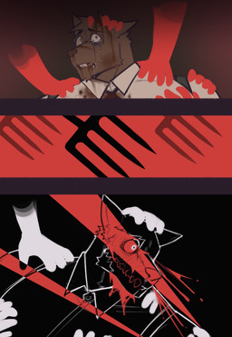 3_panel_comic anthro big_muscles blood blood_from_mouth blood_in_mouth blood_on_face bodily_fluids bone clothed clothing crying death gore killing male muscular muscular_anthro muscular_male orange_eyes pitchfork skull skull_head suspenders tears tools topwear king_slabu adrian_(king_slabu) canid canine canis domestic_dog mammal absurd_res comic digital_media_(artwork) hi_res