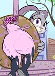 anthro big_butt butt clothed clothing dessert doughnut female focus_on_ass food food_fetish food_play frosting giant_food grimace looking_at_viewer macro messy onomatopoeia pastry pink_frosting solo sound_effects sprinkles tail text wam sebaku disney judy_stuck_in_donut_redraw zootopia judy_hopps lagomorph leporid mammal rabbit absurd_res digital_media_(artwork) hi_res