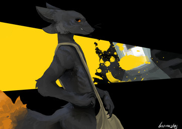 ambiguous_gender anthro bag big_tail black_body black_eyes black_fur claws dipstick_tail frown fur hand_on_hip long_snout looking_aside looking_at_viewer markings paws ribs scowl shoulder_bag side_view simple_background skinny slim snout solo tail tail_markings text whiskers wide_tail yellow_sclera yellow_tail yellow_tail_tip barmaslay casualties:_unknown canid canine expie_(gunsawian) gunsawian mammal murid murine rat rodent absurd_res artist_name half-length_portrait hi_res portrait signature