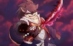 anthro bandage eyebrows hair katana male melee_weapon musclegut muscular ponytail red_eyes samurai sky smile solo star starry_sky sword thick_eyebrows warrior weapon the_owly_dragon lifewonders tokyo_afterschool_summoners shino_(tas) canid canine canis domestic_dog mammal absurd_res hi_res