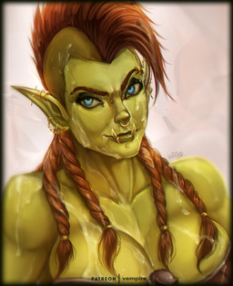 big_breasts blue_eyes bodily_fluids breasts brown_hair clothed clothing cum cum_between_breasts cum_in_hair cum_on_body cum_on_breasts cum_on_face cum_on_neck ear_piercing facial_piercing female genital_fluids green_body green_skin hair lip_piercing looking_at_viewer nose_piercing nose_ring not_furry piercing ring_piercing simple_background smile solo text vempire blizzard_entertainment warcraft lokreta humanoid orc 2017 digital_media_(artwork) hi_res portrait