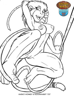 accessory anthro erect_nipples female furgonomics genitals holding_object holding_rope jewelry looking_at_viewer nipples rope simple_background smile solo swinging tail tail_accessory tail_jewelry text vulva max_blackrabbit maeko haplorhine mammal monkey primate 2003 english_text