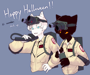 anthro black_body black_hair blue_eyes clothing costume dialogue duo eyewear eyewear_on_head goggles goggles_on_head hair halloween_costume holidays male male/male proton_pack simple_background white_hair yellow_eyes dullanboi ghostbusters halloween kiran_mann_(dullanboi) ming_yue_chen_(dullanboi) felid feline mammal hi_res