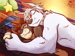 anthro duo fangs male male/male raft shirtless spooning sunset teeth water whiskers ventkazemaru disney kingdom_hearts square_enix lion_sora riku_(kingdom_hearts) sora_(kingdom_hearts) canid canine canis felid lion mammal pantherine wolf 4:3