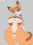 anthro belt belt_bra belted_breasts big_breasts bottomless breasts brown_eyes clothed clothing female genitals huge_breasts looking_at_viewer pussy solo standing thick_thighs wide_hips cooliehigh lucky's_tale_(series) playful_corp. lyra_swiftail canid canine fox mammal red_fox true_fox 2022 absurd_res hi_res