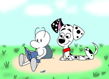 big_nose black_ears black_nose black_spots book collar dot_eyes duo feral floating_eyebrows floppy_ears fur grass heterochromatic_ears male on_rock pink_inner_ear plant reading reading_book red_collar rock simple_eyes sitting sitting_on_rock spots star toony white_body white_fur white_skin white_spots russleblackheart 101_dalmatian_street 101_dalmatians bone_(comic) disney dylan_(101_dalmatians) fone_bone_(character) bone_(bone) canid canine canis dalmatian domestic_dog human mammal crossover
