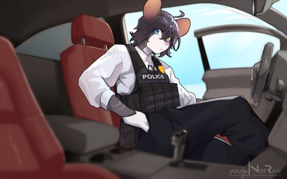 anthro car car_door clothing hand_in_pocket heterochromia inside_car inside_vehicle light male pockets police police_uniform police_vehicle police_vest solo sunlight uniform vehicle notravi nico_(labrattt) mammal murid murine rat rodent 16:10 absurd_res hi_res huge_filesize widescreen