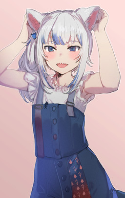 bangs blue_eyes blue_hair blunt_bangs bottomwear clothing dress eyebrow_through_hair eyebrows female grey_hair hair highlights_(coloring) multicolored_hair sharp_teeth shirt skirt solo teeth topwear translucent translucent_hair bow_(artist) hololive hololive_en vtuber gawr_gura animal_humanoid cat_humanoid felid felid_humanoid feline feline_humanoid humanoid mammal mammal_humanoid 2021
