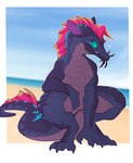 ambiguous_gender anthro beach big_ears big_tail blue_stripes fin green_eyes heart_symbol kippers_(mahtigwess) nude purple_body purple_skin solo stripes tail teeth whiskers verinity_v eel fish marine massiu absurd_res colored hi_res