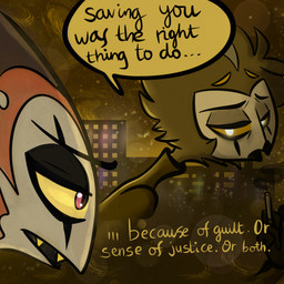 4_eyes anthro beak black_beak building cigarette city city_background clothing dialogue duo feather_hair feathers flashback glowing_pupils grey_body grey_feathers half-closed_eyes holding_cigarette holding_object horn male multi_eye multicolored_body narrowed_eyes night open_mouth pseudo_hair pupils red_body red_eyes red_sclera sharp_teeth skyscraper slit_pupils smoke smoking speech_bubble sweater teeth text topwear turtleneck yellow_sclera yellow_teeth this_colorful_abyss hellaverse helluva_boss blitzo_(helluva_boss) stolas_(helluva_boss) avian bird demon demon_humanoid horned_humanoid humanoid imp owl owl_demon 1:1 comic english_text hi_res