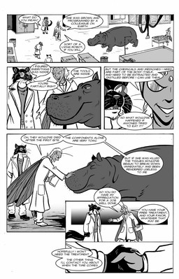 ambiguous_gender antennae_(anatomy) anthro big_claws black_body black_claws black_fur black_tail cheek_tuft claws clothing coat countershade_neck countershading dialogue doctor doctor's_coat eyewear facial_tuft female feral fur gesture glasses group hair hand_in_pocket hand_on_muzzle handshake inner_ear_fluff insect_wings inside lab_coat laboratory laboratory_equipment long_claws long_tail looking_at_another mad_scientist male medical_instrument operating_room operating_table pince-nez pockets scientific_instrument sink skeptical smile speech_bubble standing surgical_instrument tail talking_to_another teeth text topwear touching_face trenchcoat trio_focus tuft walking whiskers wings roz_gibson jack_salem animal_humanoid arthropod arthropod_humanoid avian canid canine canis common_hippopotamus domestic_dog gulonine hippopotamid humanoid insect insect_humanoid mammal marten mustelid musteline sable_(marten) 2011 black_and_white comic english_text hi_res monochrome