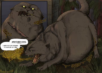 abdominal_bulge belly big_belly black_lips bodily_fluids burp_cloud burping dialogue female female_pred feral feral_pred fully_inside grass human_prey imminent_death knife larger_female larger_feral lips mouth_shot open_mouth oral_vore plant rumbling_stomach saliva saliva_on_tongue sharp_teeth size_difference smaller_human solo swallowing teeth text tongue vore yellow_sclera pardusliberty bandai_namco dark_souls fromsoftware alvina domestic_cat felid feline felis human mammal english_text sequence