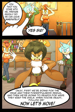 5_fingers anthro bar belt biped clothed clothing eyelashes female fingers gesture group hand_gesture inside pointing smile speech_bubble text dexstar sega sonic_the_hedgehog_(series) lagomorph leporid mammal rabbit 2:3 comic english_text hi_res