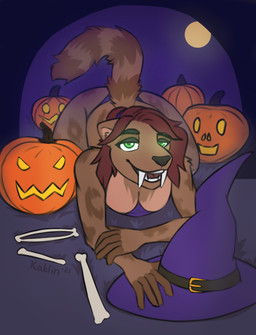 all_fours amputee anthro bone breasts cleavage clothed clothing costume disability fangs female fingers food fruit glowing glowing_eyes green_eyes hair halloween_costume hat headgear headwear holidays jack-o'-lantern leopard_spots markings missing_leg moon panties plant pumpkin red_hair sabertooth_(anatomy) solo spots striped_markings striped_tail stripes tail tail_markings teeth thong topwear underwear witch_hat katlin halloween felid mammal prehistoric_species saber-toothed_tiger 2021 absurd_res hi_res