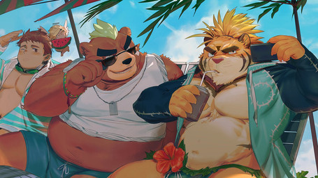 anthro beach belly beverage big_belly big_muscles big_pecs biped blue_sky bottomwear cellphone clothed clothing crop_top day drinking electronics eyebrows eyewear flower food fruit fully_clothed group hair hibiscus holding_cellphone holding_object holding_phone jacket male melon midriff mohawk musclegut muscular muscular_male navel obese open_clothing open_jacket open_topwear outside overweight overweight_male pecs phone plant ponytail seaside selfie shirt short_hair shorts sky speedo spiky_hair summer sunglasses swimming_trunks swimwear thick_eyebrows topwear tropical watermelon watermelon_slice gharne lifewonders tokyo_afterschool_summoners ashigara_(tas) macan_(tas) shinya_(tas) bear brown_bear felid grizzly_bear human mammal pantherine tiger ursine detailed