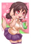 anthro beverage blush bottomwear brown_body brown_fur brown_hair clothing dress_shirt fangs female fur hair heart_eyes heart_symbol legwear shirt skirt solo teeth thigh_highs topwear twintails_(hairstyle) oposa konomi_(oposa) canid canine canis domestic_dog mammal absurd_res hi_res