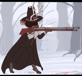 anthro bad_gun_safety black_bars brown_body clothing gun hooves male multicolored_body musket orange_eyes outside puritan ranged_weapon rifle snow snowing solo two_tone_body weapon trufzn erlik_(tfzn) deer mammal hi_res letterbox