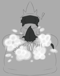 anthro big_diaper black_body black_fur clean_diaper clothing diaper exclamation_point fart fart_cloud fart_fetish floppy_ears fur long_ears male onomatopoeia rear_view robe robe_lift scarf sitting solo sound_effects text crybabybluberry deltarune undertale_(series) ralsei bovid caprine darkner goat mammal monochrome