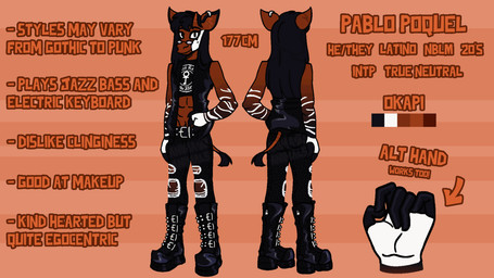 alternative_fashion ambiguous_gender animated_gif anthro black_hair boots brown_body clothing ear_piercing ear_ring eyewear fingers footwear fur glasses hair hooved_fingers hooves horn long_hair ossicone piercing punk ring_piercing shoes solo striped_arms striped_body striped_fur striped_legs stripes animaanimals pablopoquel_(animaanimals) giraffid mammal okapi 16:9 2_frame_animation animated flat_colors model_sheet short_playtime widescreen nonbinary_(lore)