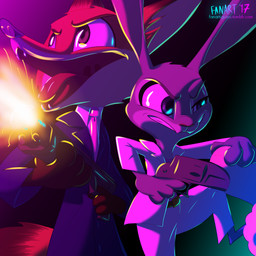 angry anthro black_tie_(suit) clothed clothing costume dipstick_ears dipstick_tail duo ear_markings female fur grey_body grey_fur gun handgun holding_gun holding_object holding_ranged_weapon holding_weapon male markings multicolored_ears multicolored_tail necktie open_mouth orange_body orange_fur pistol ranged_weapon shooting shotgun standing suit synthwave tail tail_markings text tongue uvula weapon fanartiguess disney zootopia judy_hopps nick_wilde canid canine fox lagomorph leporid mammal rabbit red_fox true_fox 1:1 2017 hi_res signature url