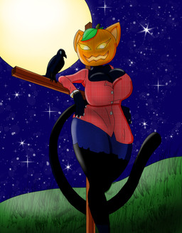anthro beak big_breasts bottomwear breasts clothed clothing female for_a_head holidays looking_at_viewer moon night outside plant pumpkin_head scarecrow shorts sky smile solo star starry_sky tail thick_thighs alessandrasnek halloween avian bird corvid felid feline mammal object_head oscine passerine absurd_res digital_media_(artwork) hi_res