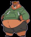 anthro belly belly_jiggle big_belly blush brown_body brown_fur chubby_cheeks claws clothed clothing eyewear fur glasses hand_on_belly hoodie jiggling male midriff overweight overweight_anthro overweight_male simple_background solo standing toe_claws topwear transparent_background chub-united bear brown_bear mammal ursine 5:6 alpha_channel hi_res