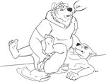 anthro balls black_nose clean_diaper clothing dialogue diaper diaper_change duo genitals hat headgear headwear male male/male mature_male open_diaper brickoven bear canid canine mammal monochrome