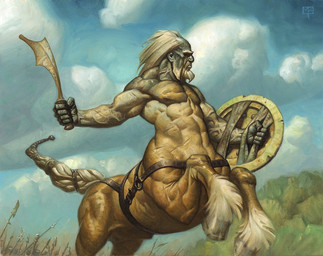5_fingers beard cloud day facial_hair fingers fur holding_melee_weapon holding_object holding_shield holding_weapon hooves male melee_weapon muscular muscular_male outside scar shield solo tail weapon mark_zug european_mythology greek_mythology hasbro magic:_the_gathering mythology wizards_of_the_coast centaur equid equid_taur humanoid_taur mammal mammal_taur taur official_art