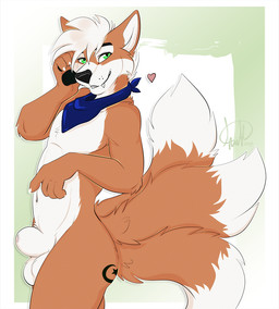 3_tails animal_genitalia anthro black_eyebrows black_nose black_pawpads butt cheek_tuft claws dipstick_tail eyebrows facial_tuft fangs fur genitals green_eyes hair heart_symbol kerchief kerchief_only male markings mostly_nude multi_tail navel neckerchief neckerchief_only neckwear orange_body orange_fur pawpads sheath short_hair simple_background solo tail tail_markings teeth tuft whisker_spots white_body white_claws white_fur white_hair kwik_(artist) canid canine fox mammal 2019 colored digital_drawing_(artwork) digital_media_(artwork) shaded