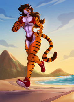 abs anthro beach big_breasts bikini breasts brown_hair clothing collarbone eyebrows eyelashes female footwear green_eyes hair jogging muscular muscular_anthro muscular_female orange_body red_bikini red_clothing red_swimwear shoes small_waist sneakers solo striped_body stripes swimwear two-piece_swimsuit white_body toughset felid mammal pantherine tiger 2026 hi_res