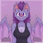 anthro bat_ears big_breasts breasts cleavage clothed clothing ear_piercing ear_ring fangs female front_view fur hair inner_ear_fluff looking_at_viewer membrane_(anatomy) membranous_wings piercing purple_body purple_eyes purple_fur purple_hair ring_piercing shirt simple_background smile solo standing teeth topwear tuft white_body white_fur wings dmoon nocty_(dmoon) bat mammal 1:1 absurd_res digital_media_(artwork) hi_res