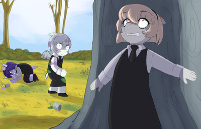 angry anthro black_clothing blue_body bone_frill clothed clothed_anthro clothed_female clothing cloud curled_up day dress female fetal_pose fist frill_(anatomy) glaring grass group hair head_turned hiding looking_aside looking_up lying markings medium_hair necktie on_ground on_side orange_body orange_eyes outside plant pupils purple_body purple_hair scared short_tail shrub sky small_pupils striped_markings stripes tail tree trio white_body young young_anthro young_female puffycrow cavemanon_studios snoot_game amber_(snoot_game) melissa_(snoot_game) sera_(snoot_game) ceratopsian ceratopsid chasmosaurine dinosaur hadrosaurid marginocephalian ornithischian ornithopod parasaurolophus prehistoric_species pterosaur reptile scalie triceratops absurd_res colored hi_res shaded