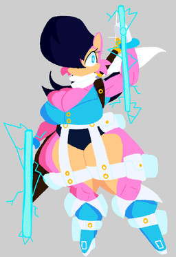 anthro big_breasts black_hair blue_eyes boots bracelet breasts cleavage clothed clothing female footwear garter_belt_leggings gloves hair handwear huge_breasts huge_hips huge_thighs jewelry long_hair melee_weapon pouch_(clothing) redesign scarf shoes solo sword tan_body tan_skin thick_thighs underwear weapon wide_hips bingoradtv sega sonic_the_hedgehog_(series) sally_acorn chipmunk ground_squirrel mammal rodent sciurid hi_res