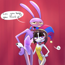 4_fingers annoyed anthro blush bow_tie bulge butt butt_grab clothing cuff_links duo female fingers glistening glistening_clothing half-closed_eyes hand_on_butt hand_on_hip larger_male leotard male narrowed_eyes size_difference smaller_female smug_expression speech_bubble screaming_alice glitch_productions the_amazing_digital_circus jax_(tadc) pomni_(tadc) humanoid lagomorph leporid mammal rabbit 1:1 hi_res