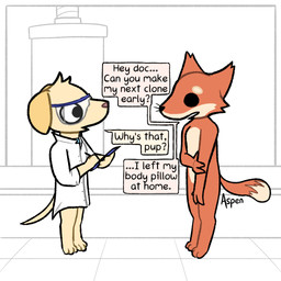 ambiguous_gender anthro cheek_tuft clipboard clothing coat countershading detailed_background dialogue dialogue_box duo ear_tuft eyewear facial_tuft floor floppy_ears fur goggles holding_arm holding_elbow lab_coat laboratory non-shaded nude orange_body orange_fur pen safety_goggles text tile tile_floor topwear tuft yellow_body yellow_fur creatureaffect pixile_studios super_animal_royale dr._jennifer_dogna bird_dog canid canine canis domestic_dog fox hunting_dog labrador mammal retriever super_dog_(sar) super_fox_(sar) super_golden_lab_(sar) 1:1 english_text