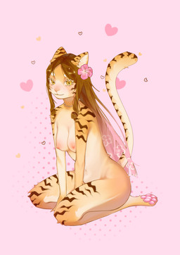 accessory amber_eyes anthro breasts eyelashes female flower flower_in_hair gradient_hair hair hair_accessory nipples paws plant sitting small_ears solo striped_body stripes white_eyelashes rumeru felid mammal pantherine tiger