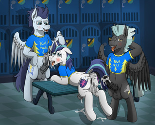 after_sex ahegao balls bench biped blue_clothing blue_shirt blue_topwear blush bodily_fluids bottomless bottomless_male butt clothed clothing cum cum_everywhere cum_in_ass cum_in_mouth cum_inside cum_on_butt cum_on_face cum_on_ground cum_on_tongue cum_strand dock_(anatomy) feral genital_fluids genitals group group_sex hand_behind_head horn locker locker_room looking_pleasured male male/male messy navel open_mouth penis sex shirt spread_wings sweat tail tail_aside threesome tongue tongue_out topwear trio wings tacomytaco friendship_is_magic hasbro my_little_pony mythology shining_armor_(mlp) soarin_(mlp) thunderlane_(mlp) wonderbolts_(mlp) equid equine horse mammal mythological_creature mythological_equine pegasus pony unicorn absurd_res hi_res