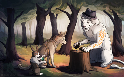 animal_genitalia balls conjuror dagger feral forest gem genitals gentlemans_hat group magician male melee_weapon plant sheath thief tree tree_stump wand weapon werewolfdegenerate maskelyne canid canine felid lagomorph leporid lion mammal pantherine rabbit 16:10 absurd_res hi_res widescreen