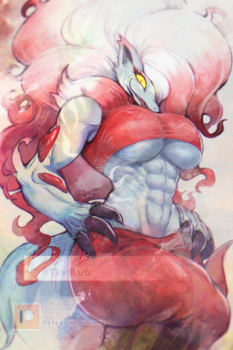 abs anthro anthrofied big_breasts breasts claws clothed clothing female fur hair highlights_(coloring) muscular muscular_anthro muscular_female pokemorph red_highlights simple_background smile solo thick_thighs topwear under_boob white_body white_fur white_hair wide_hips thwillartz nintendo pokemon pokemon_legends_arceus canid canine generation_8_pokemon hisuian_form hisuian_zoroark mammal pokemon_(species) regional_form_(pokemon) 2:3 hi_res