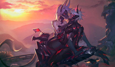 4_toes 5_fingers anthro breasts clothed clothing day detailed_background duo feet female fingers male outside sitting sky sun toes kardie canid canine mammal 2020 digital_media_(artwork) hi_res