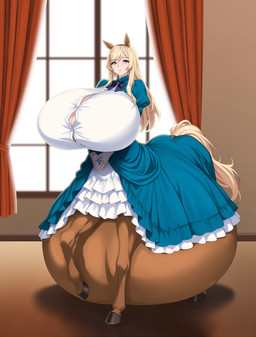 belly belly_on_ground big_belly big_breasts blonde_hair blue_eyes breasts brown_body brown_fur button_(fastener) cleavage clothed clothed_taur clothing dress female fur hair hooves horse_ears horse_tail huge_belly huge_breasts hyper hyper_belly hyper_pregnancy inside long_hair looking_at_viewer noblewoman pregnant pregnant_female pregnant_taur ribbons solo standing straining_buttons taur_lower_pregnancy saburox european_mythology greek_mythology mythology estelle_bellegarde centaur equid equid_taur humanoid_taur mammal mammal_taur taur absurd_res hi_res